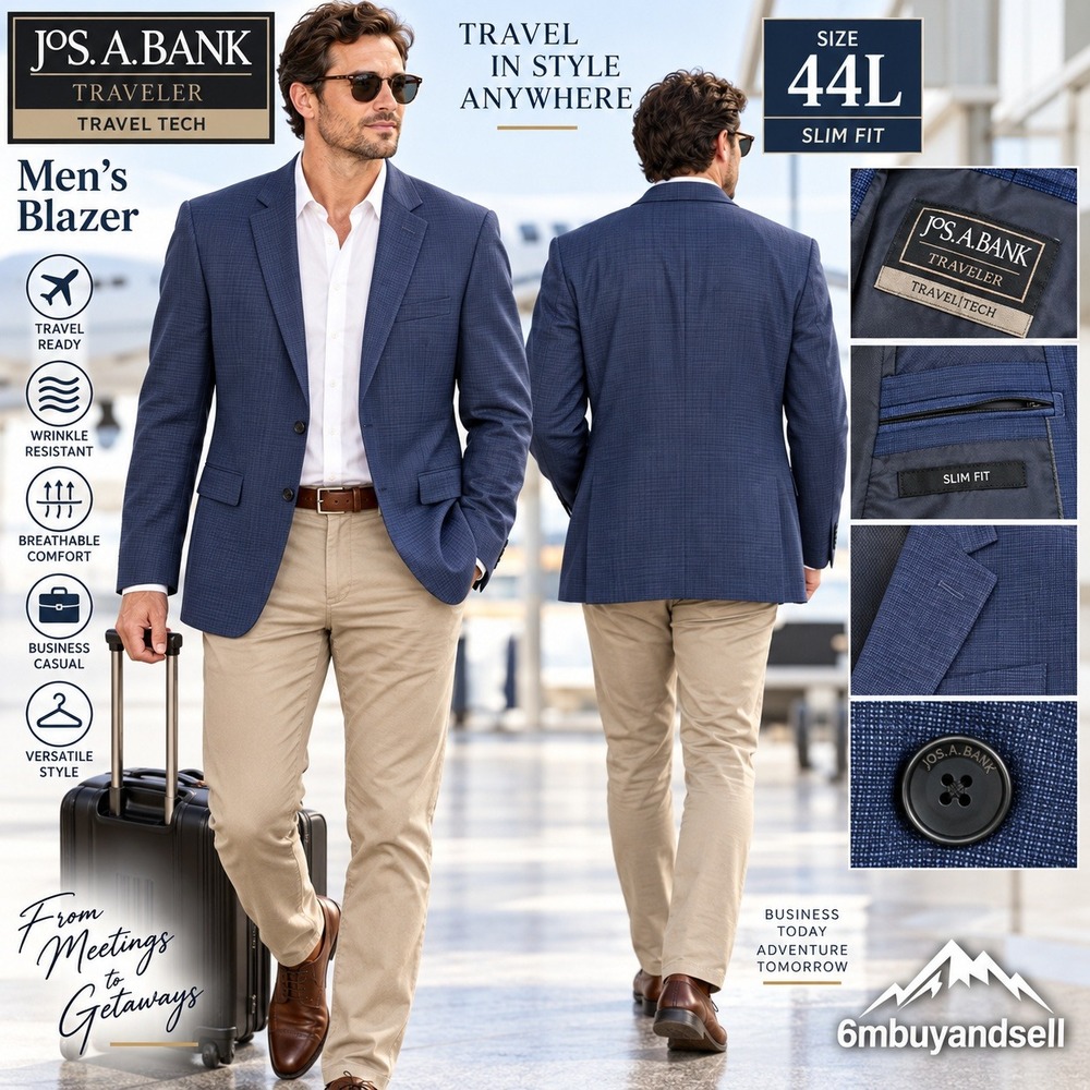 Jos. A. Bank Traveler Travel Tech Slim Fit Blue Wool Blend Blazer Jacket 44L